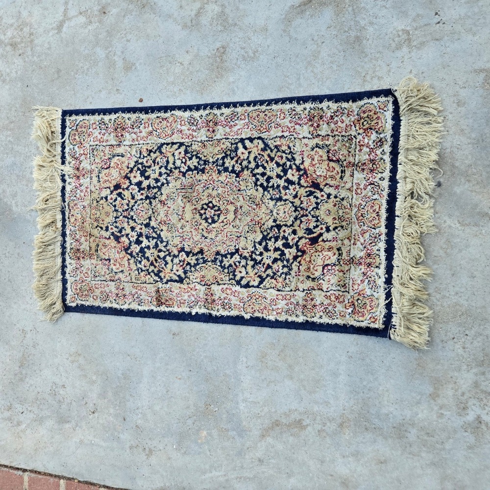 Vintage Navy Blue Medallion Accent Rug Ivory Cream Fringe Traditional Floral 2x3 - Picture 6 of 8